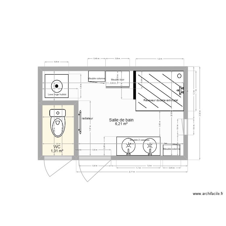 salle de bain v2. Plan de 2 pièces et 7 m2