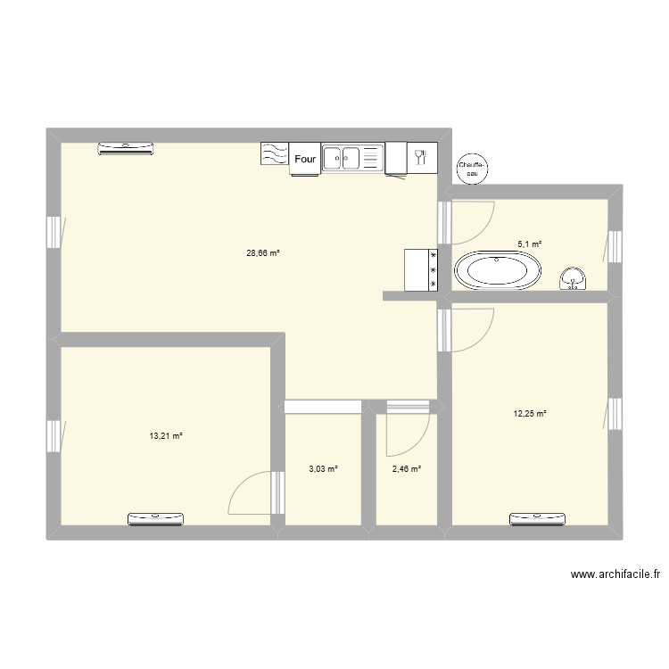 Appartement T3-60m². Plan de 6 pièces et 65 m2