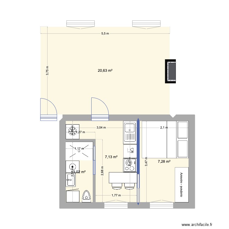 Option Gde Cuisine. Plan de 4 pièces et 38 m2