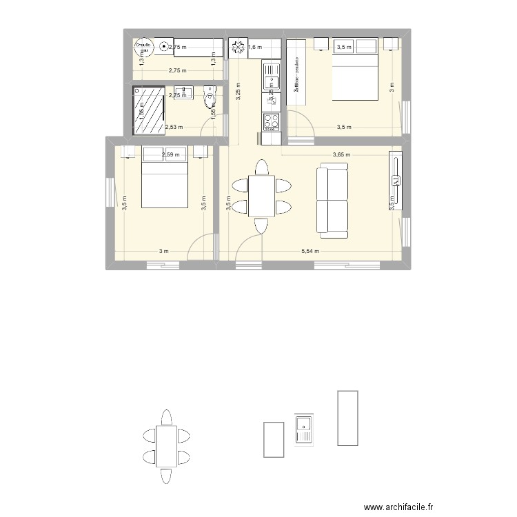 RDC maison madeira v1. Plan de 5 pièces et 53 m2