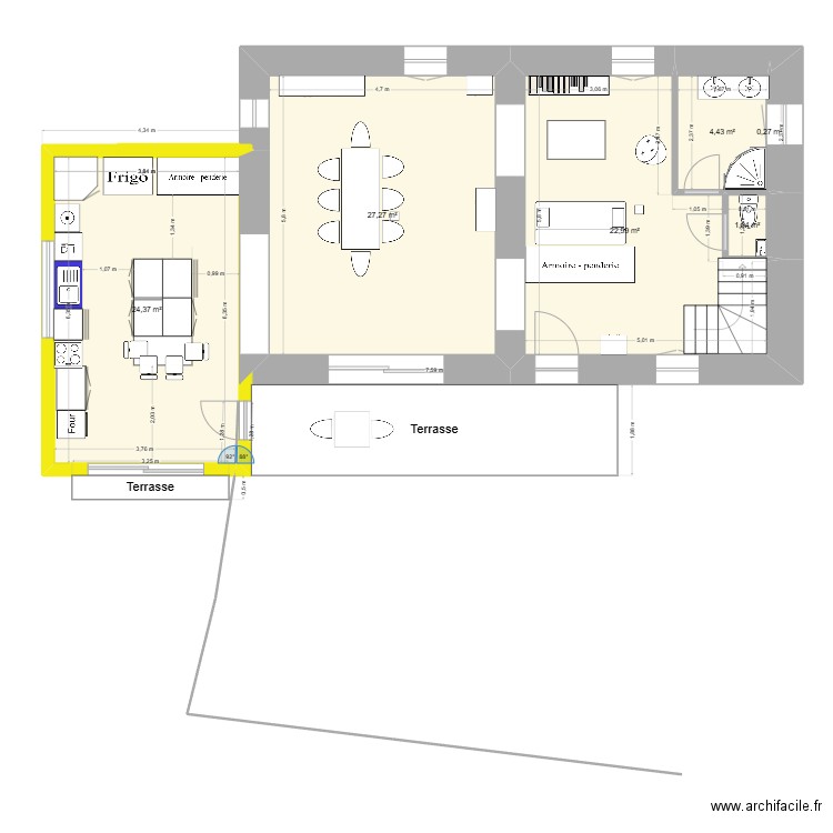 agrandissement terrasse mur sans chambre. Plan de 6 pièces et 80 m2
