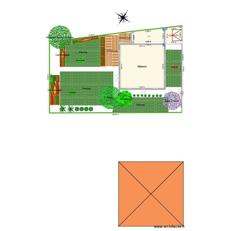Carport. Plan de 4 pièces et 122 m2
