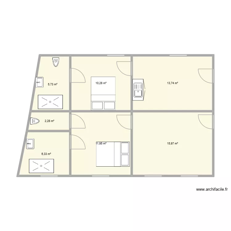 Division Double t2. Plan de 7  et 66 m²