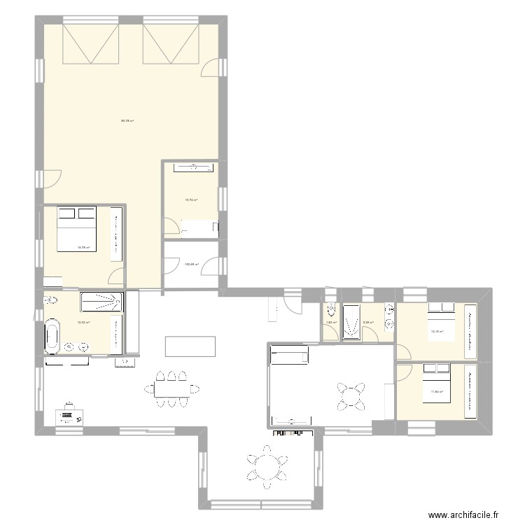 Longère plan. Plan de 9 pièces et 159 m2