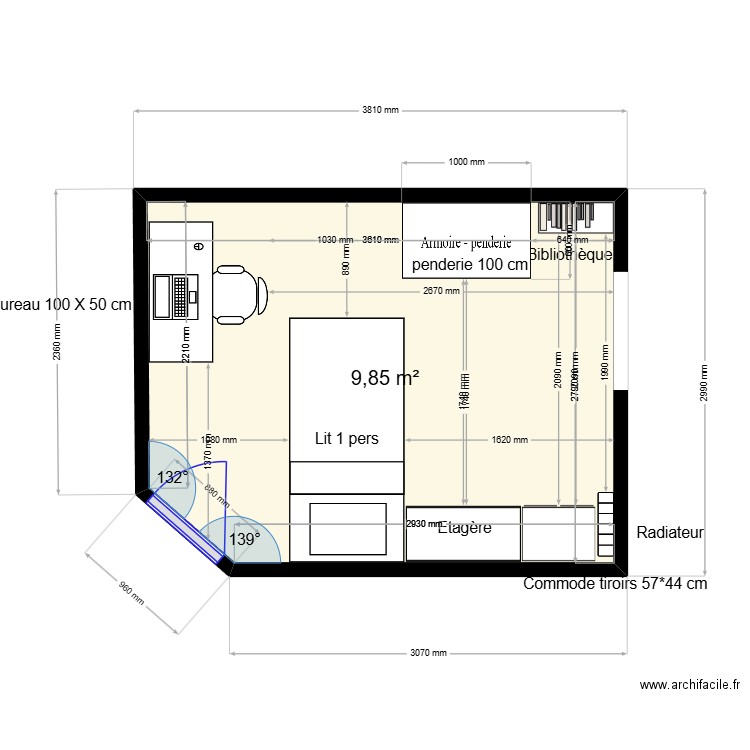 Chambre Sarah. Plan de 1 pièce et 10 m2
