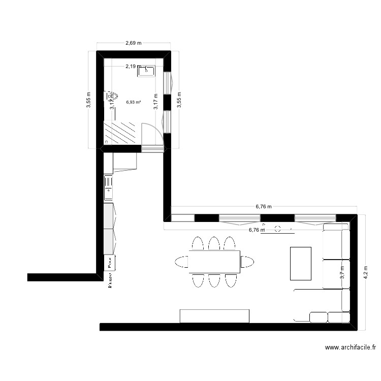 Cuisine SDB. Plan de 1 pièce et 7 m2
