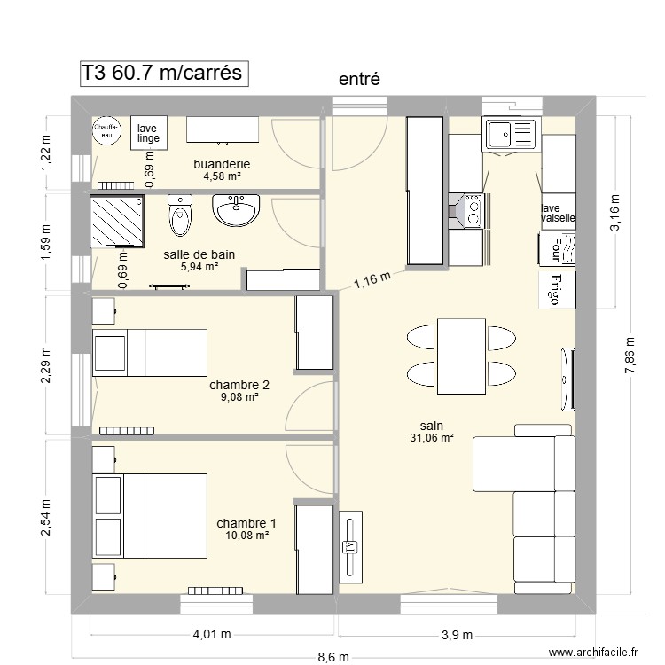 1 appT3. Plan de 5 pièces et 61 m2