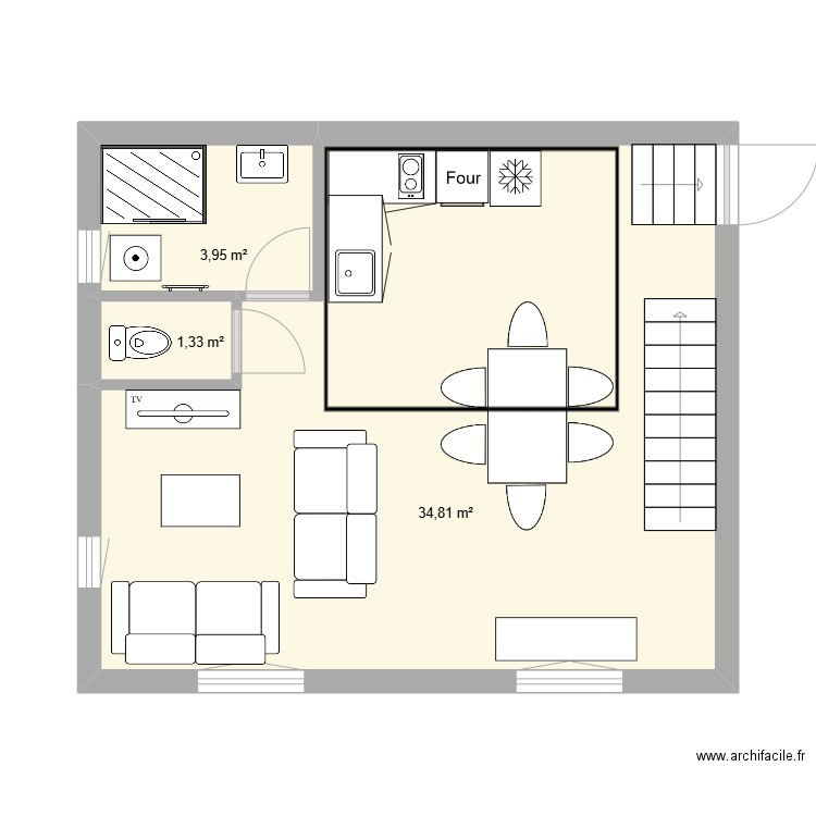 Gite 2 - Atelier R1 chambre R2b. Plan de 3 pièces et 40 m2