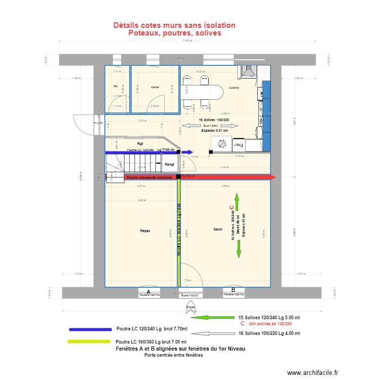 Cotes, murs sans isolation, poteaux, poutres, solives Haut R de Ch. Plan de 2 pièces et 73 m2