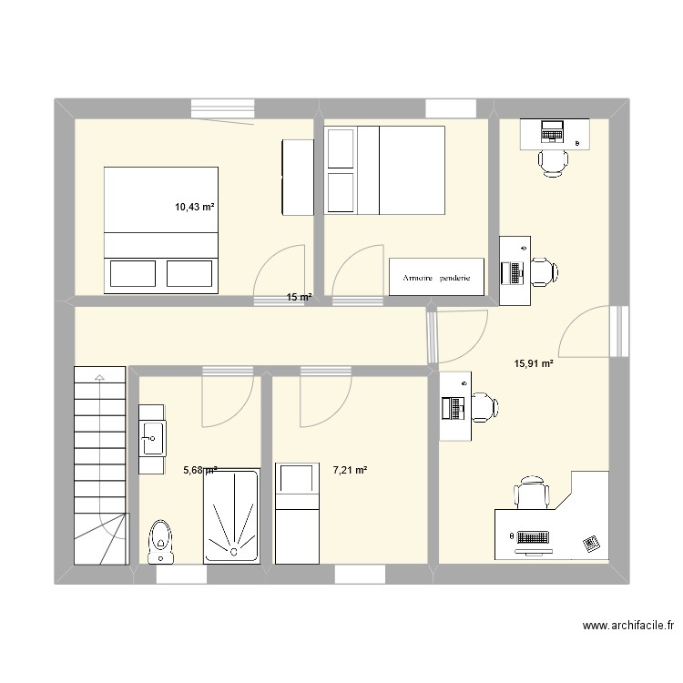 Ecurie Etage. Plan de 5 pièces et 54 m2