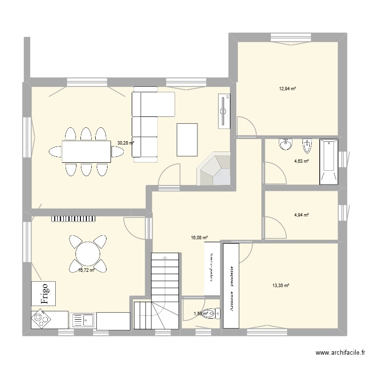 1 étage. Plan de 8 pièces et 101 m2