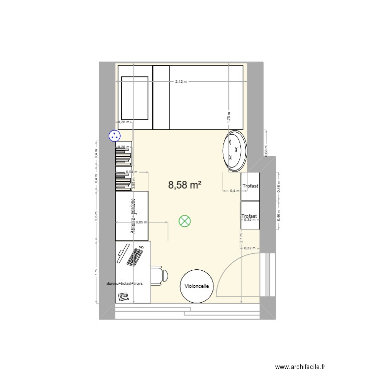 Chambre Minus 2. Plan de 1 pièce et 9 m2