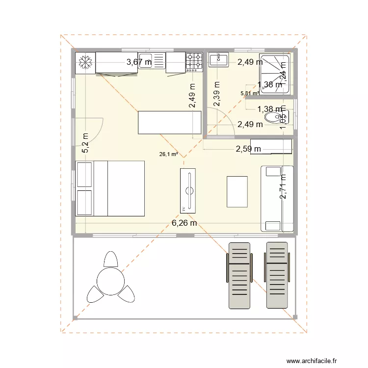 Modele F1 Tapuamu 25 m2 cotation. Plan de 