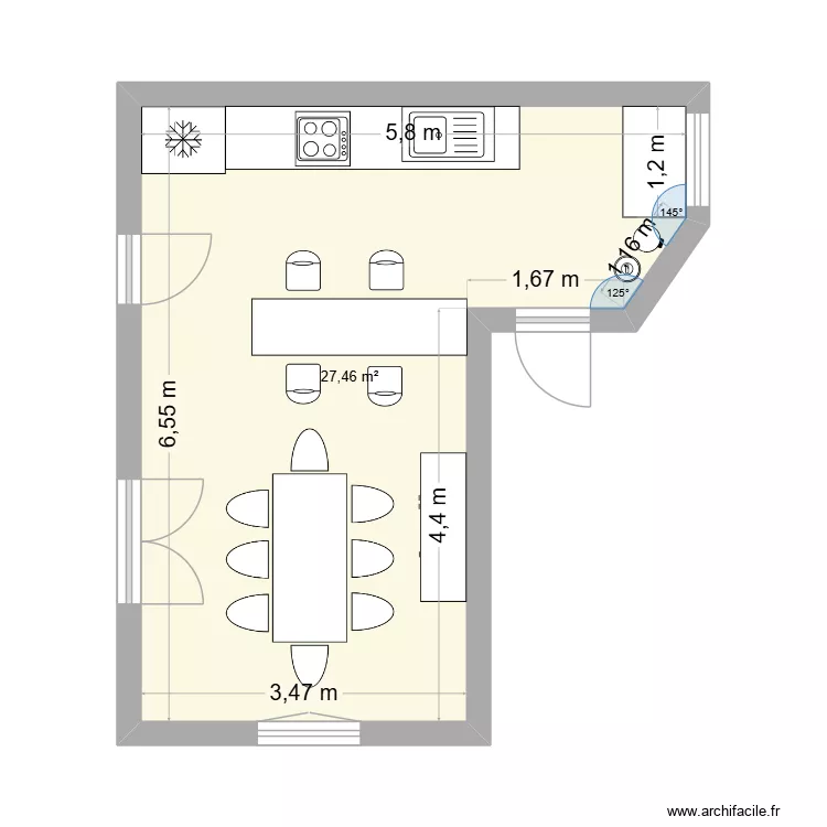 Cuisine Saint martin V1. Plan de 1  et 27 m²