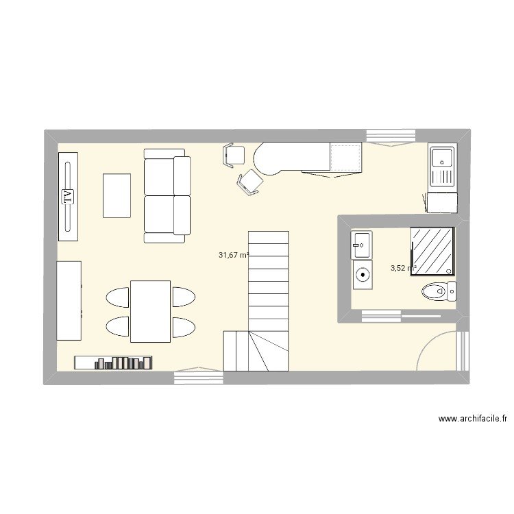 F3 bas. Plan de 2 pièces et 35 m2