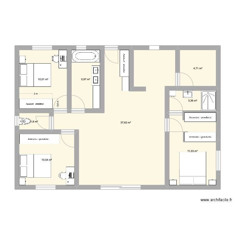 Chambre 2. Plan de 8 pièces et 85 m2