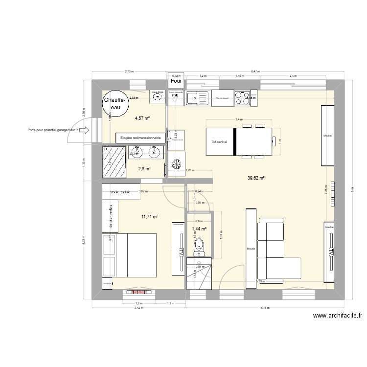 RDC 116m². Plan de 5 pièces et 60 m2