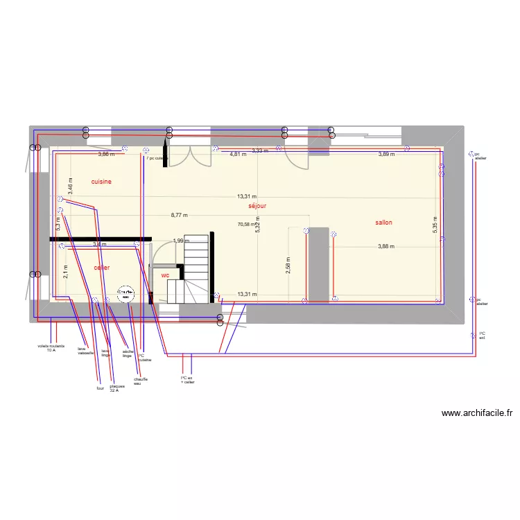 RDC &eacute;l&eacute;c divers. Plan de 1  et 71 m²