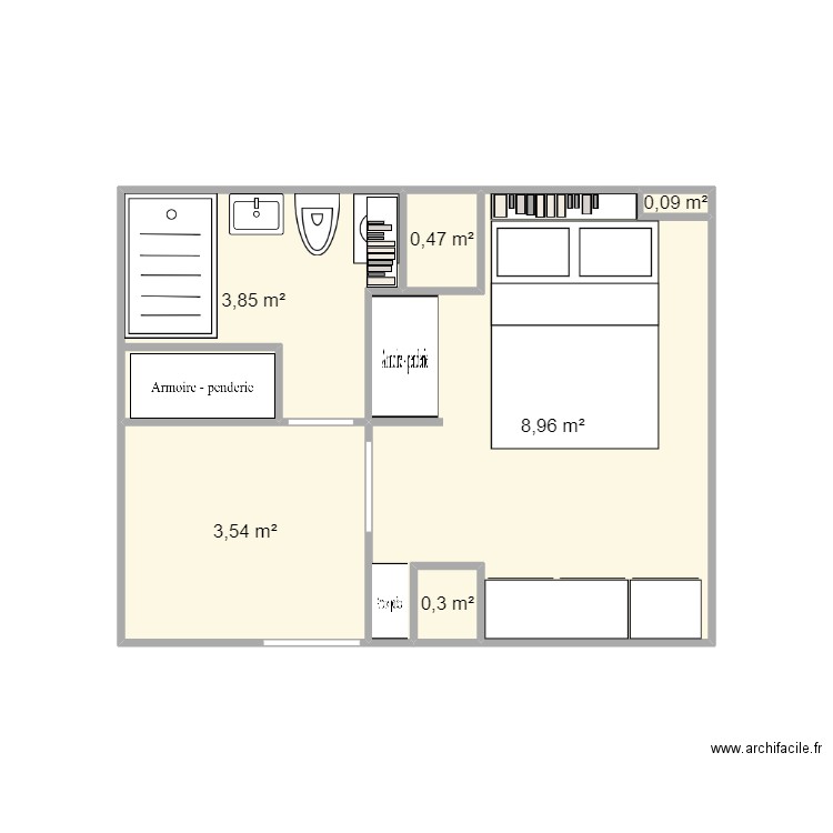 51 Cardinet après - avec meuble. Plan de 6 pièces et 17 m2