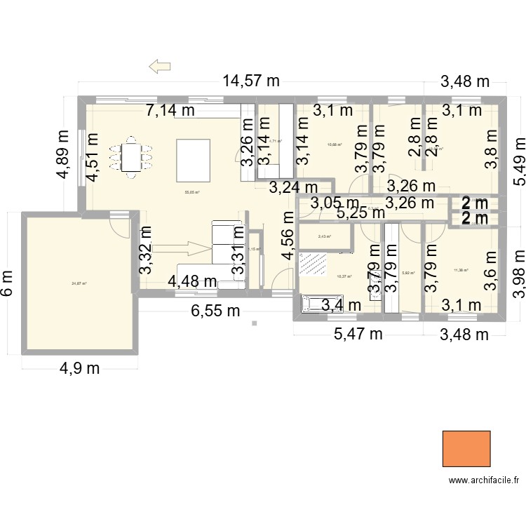 130 m. Plan de 13 pièces et 155 m2
