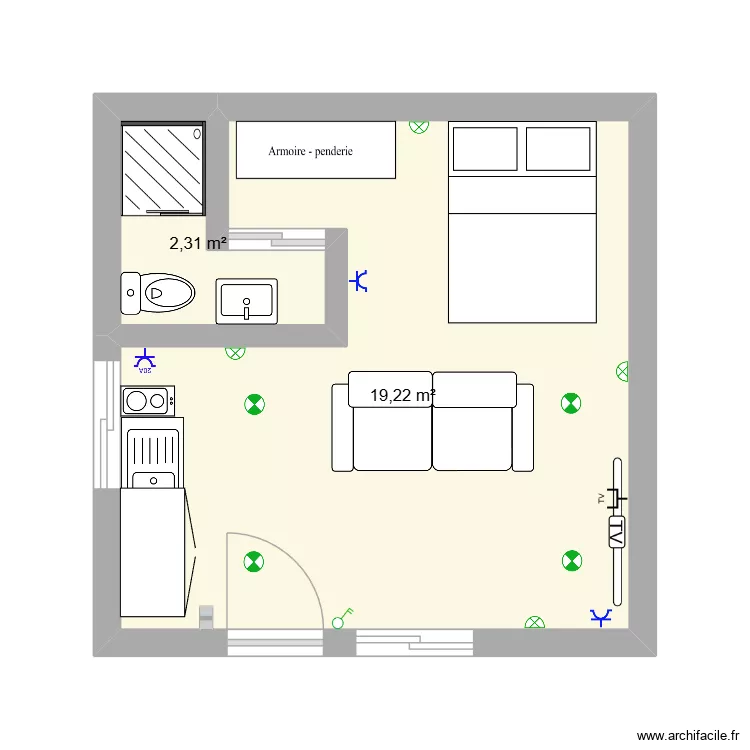 plan studio. Plan de 2  et 22 m²