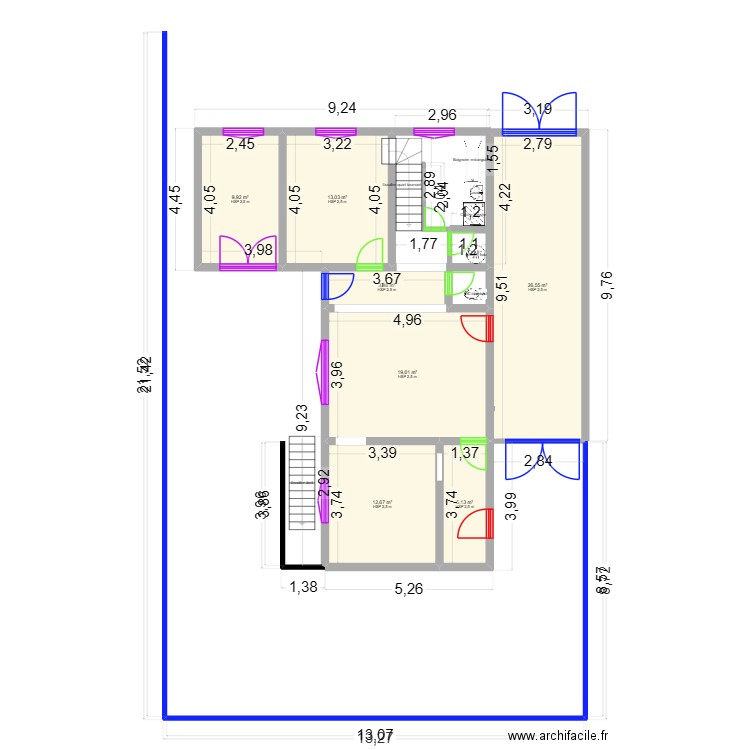murs rez de chaussé. Plan de 7 pièces et 91 m2