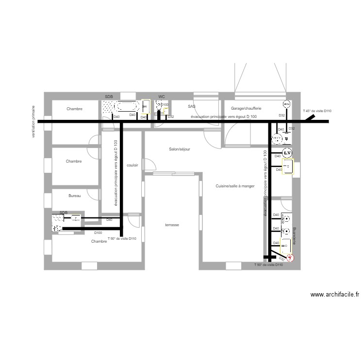 évacuation. Plan de 10 pièces et 31 m2