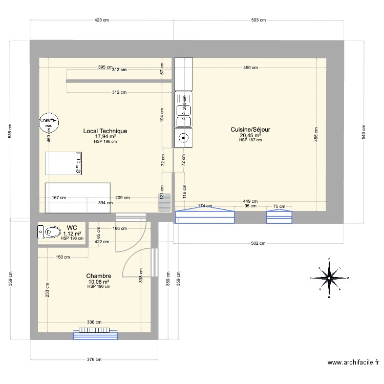 Fleury ss-sol. Plan de 4 pièces et 50 m2