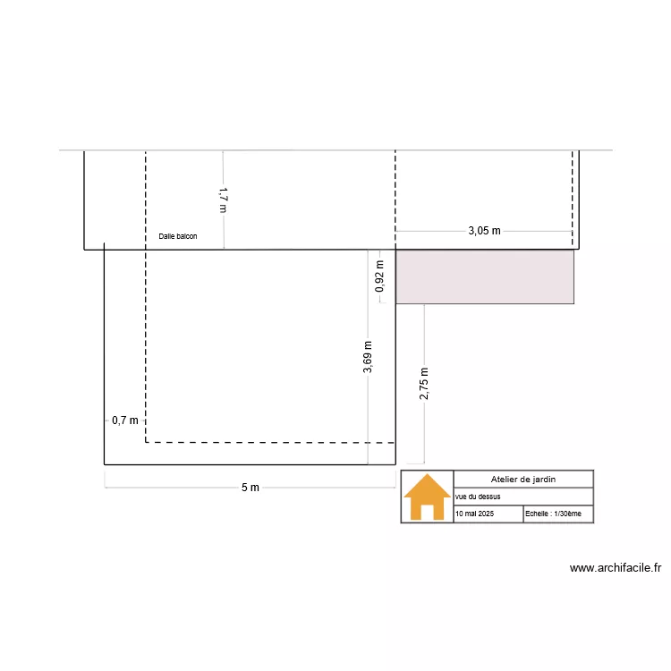 Atelier de jardin face de dessus. Plan de 