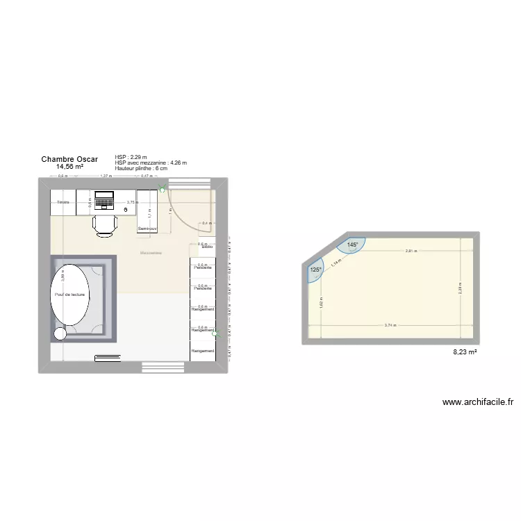 Chambre Oscar. Plan de 2  et 23 m²