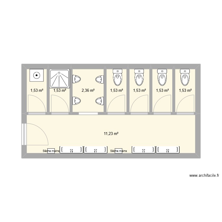sanitaires CFA projet. Plan de 8 pièces et 23 m2