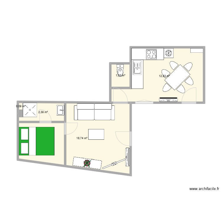 Apt Canet - sans travaux. Plan de 5 pièces et 35 m2