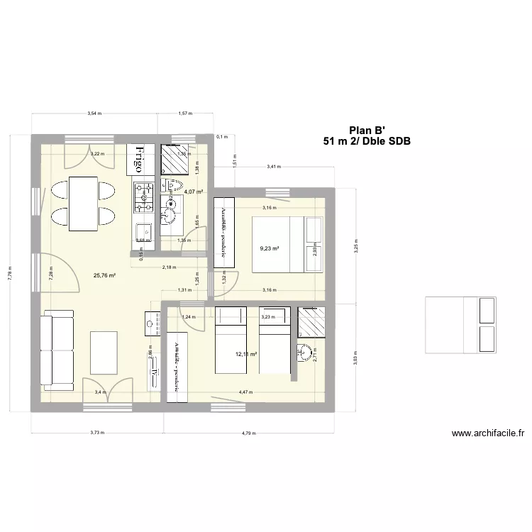 Plan B\' 51 m 2/ Dble SDB. Plan de 4 pièces et 51 m²