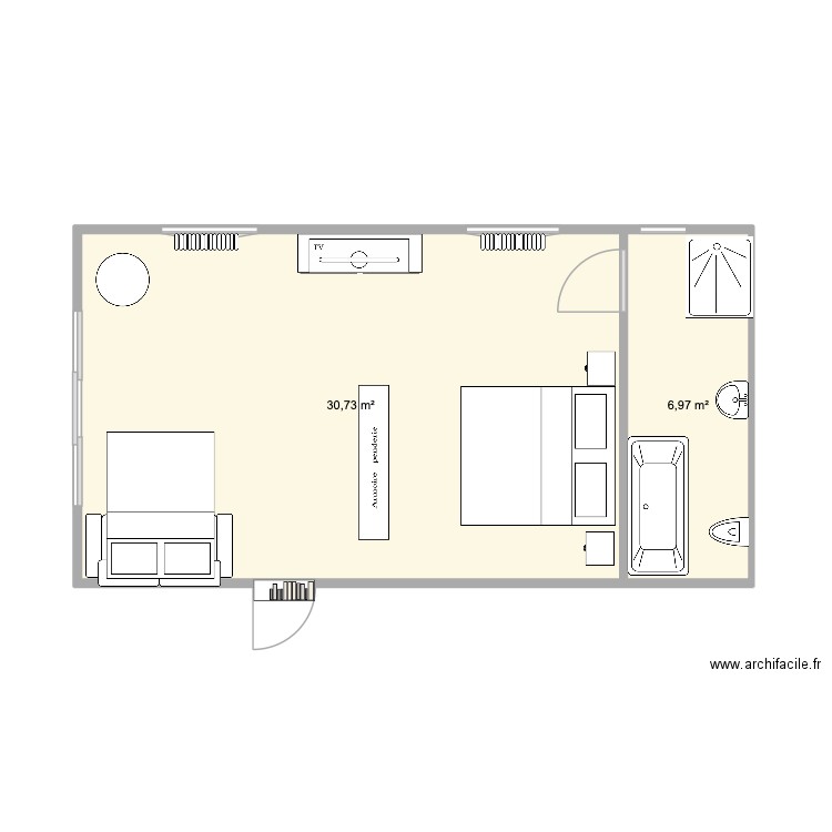 Chambre Gite. Plan de 2 pièces et 38 m2