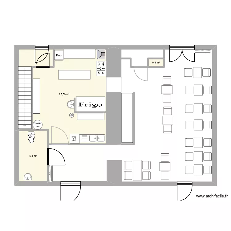 restaurant. Plan de 3 Pièces et 34 m²