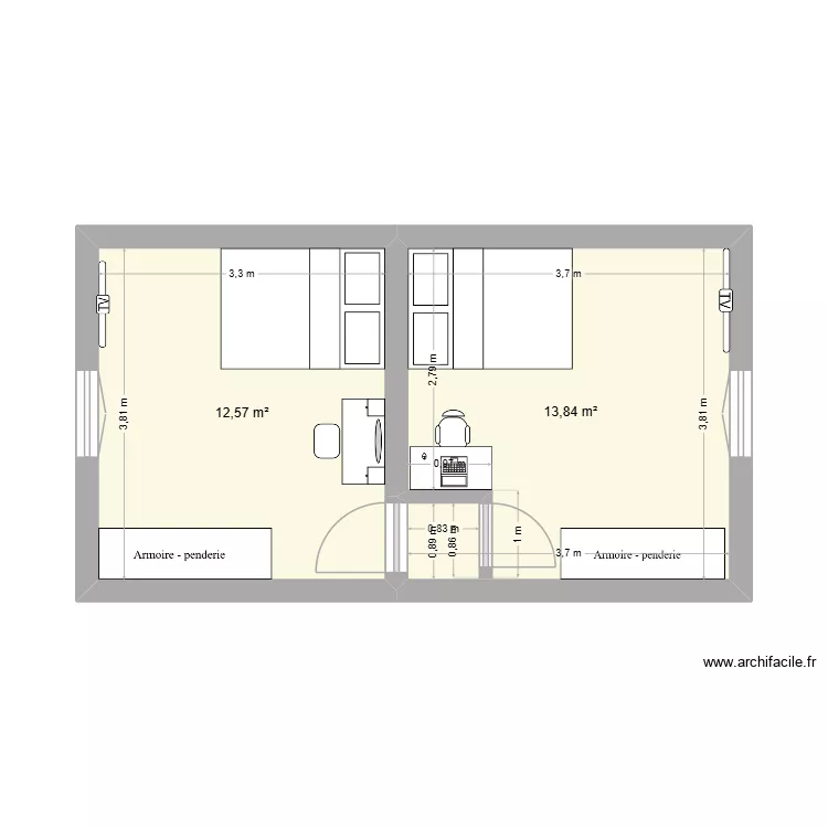 chambre 1/2. Plan de 2 pièces et 26 m²