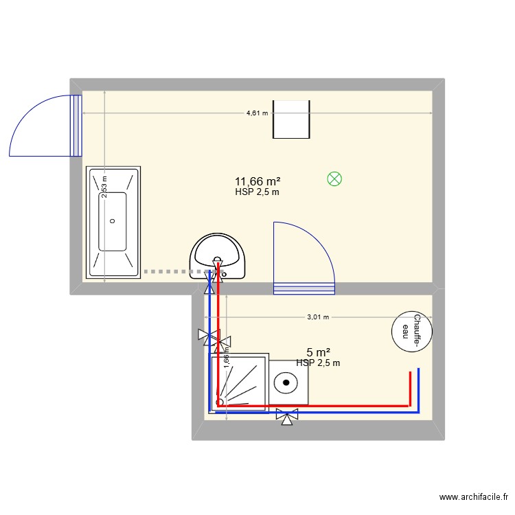 Salle de Bain Existant. Plan de 2 pièces et 17 m2
