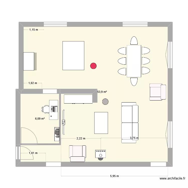 salon-cuisine. Plan de 2  et 60 m²