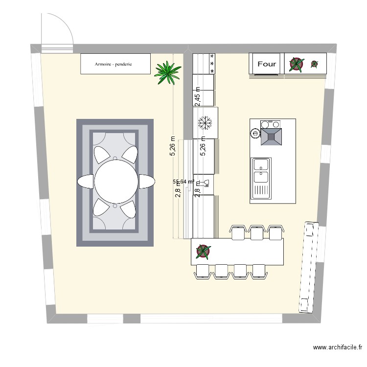 Cuisine avec Ilot central. Plan de 1 pièce et 56 m2