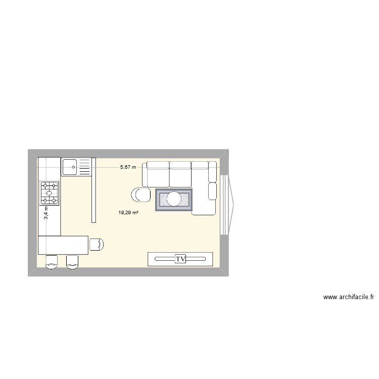cuisine. Plan de 1 pièce et 19 m2