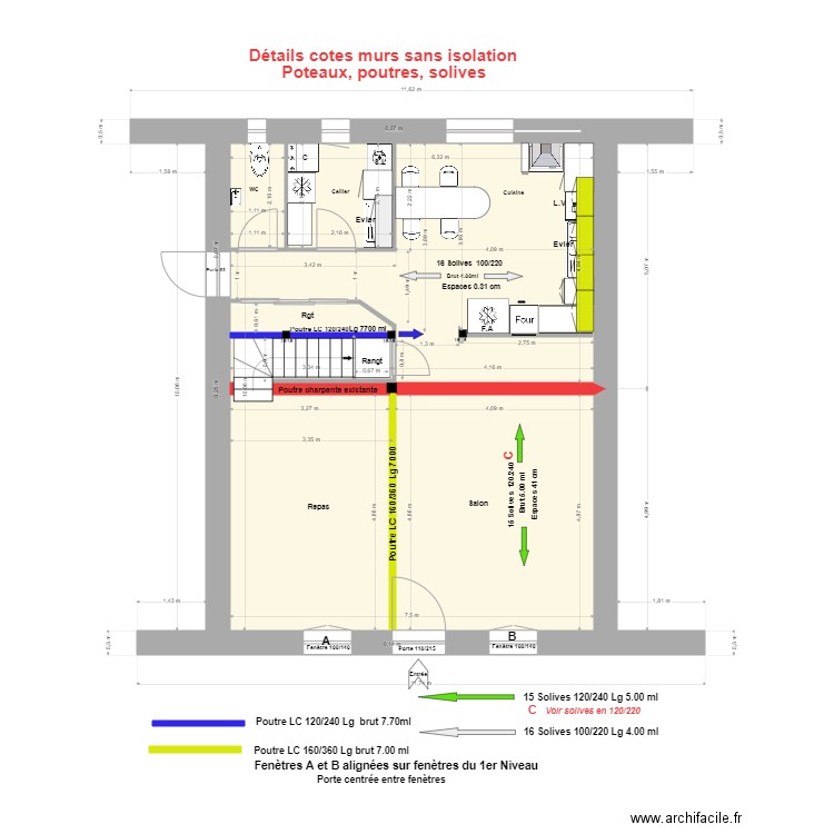 °Cotes, murs sans isolation, poteaux, poutres, solives Haut R de Ch. Plan de 2 pièces et 73 m2