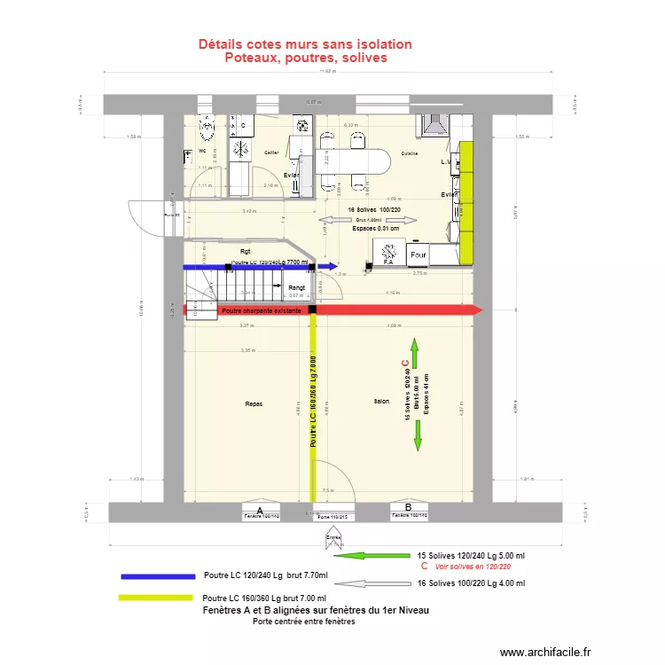 &deg;Cotes, murs sans isolation, poteaux, poutres, solives Haut R de Ch. Plan de 