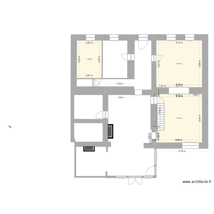 RDC. Plan de 2 pièces et 39 m2