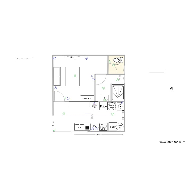 2024 09 Cuisine SDB2 CH2 WC2. Plan de 1 pièce et 2 m2
