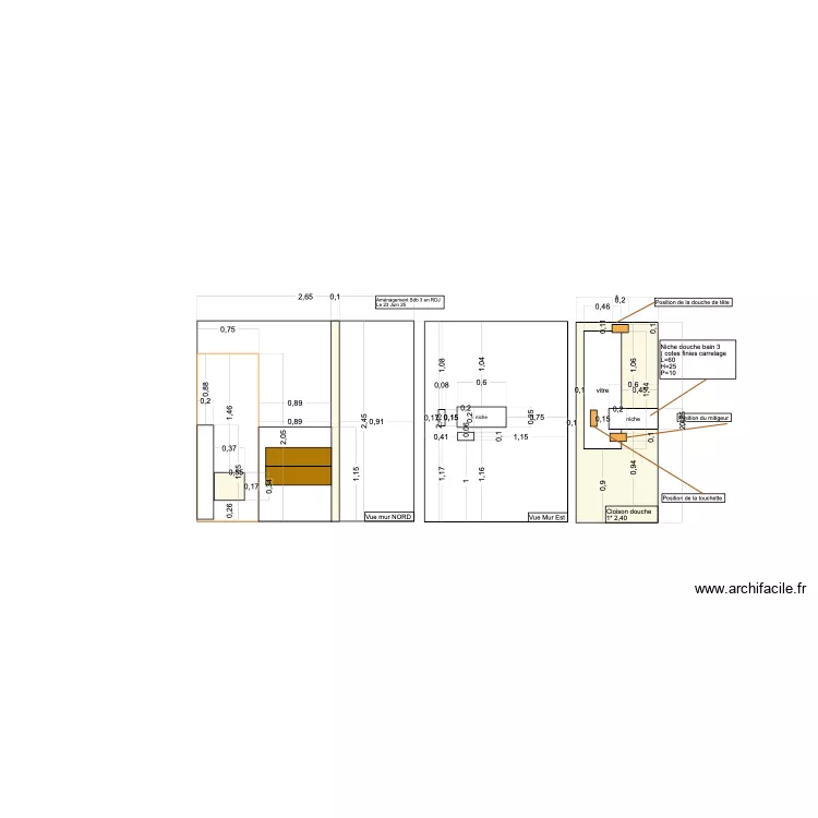 Detail mur douche Sdb 3 en RDJ. Plan de 