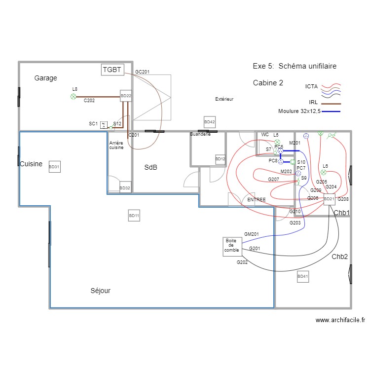 B1M2Op02-02Exe5Cab2SchUni. Plan de 9 pièces et 171 m2