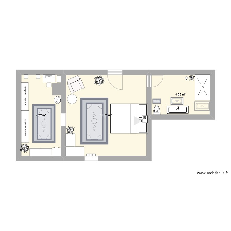 chambre Val. Plan de 3 pièces et 35 m2