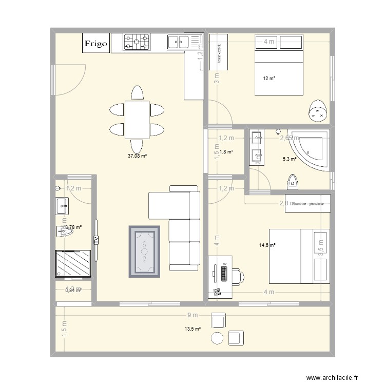 appart. Plan de 8 pièces et 89 m2