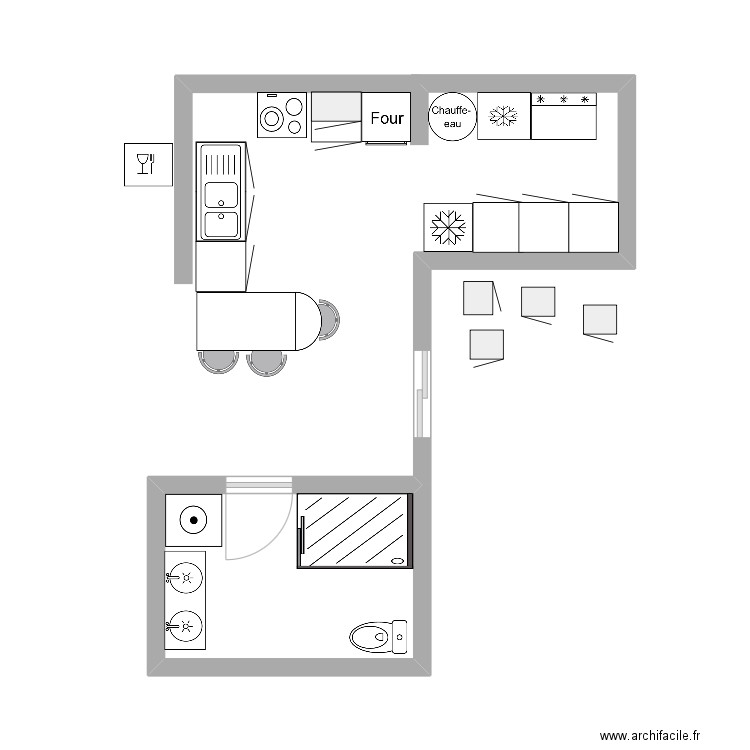 cuisine SDB 2. Plan de 2 pièces et 8 m2