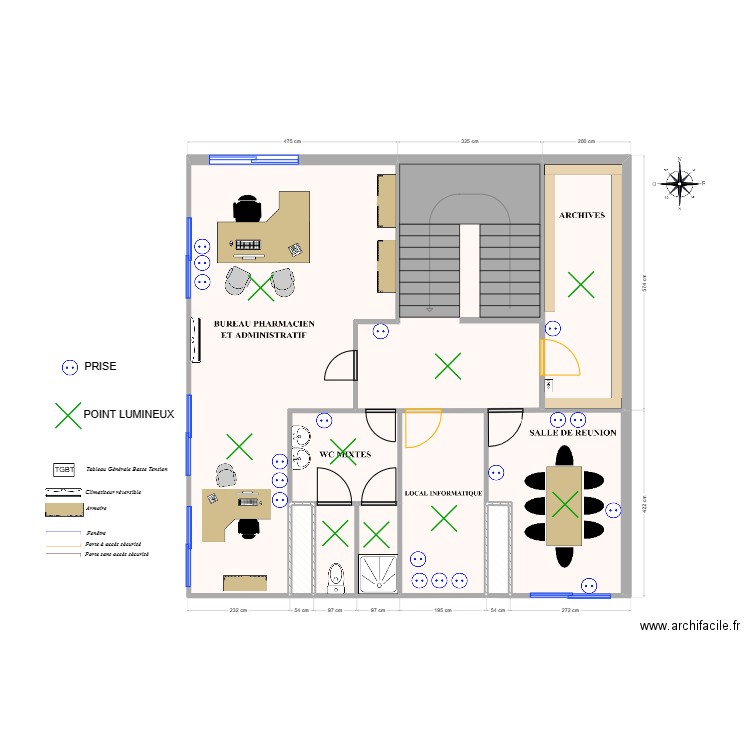 Brignoles étage - équipements + luminaires. Plan de 10 pièces et 91 m2